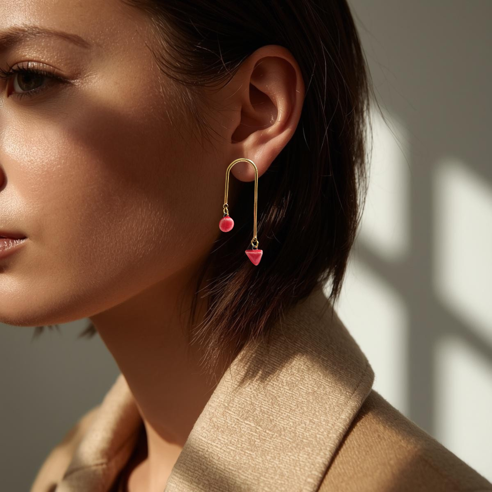 Close-up of a woman wearing red earrings with a neutral background
