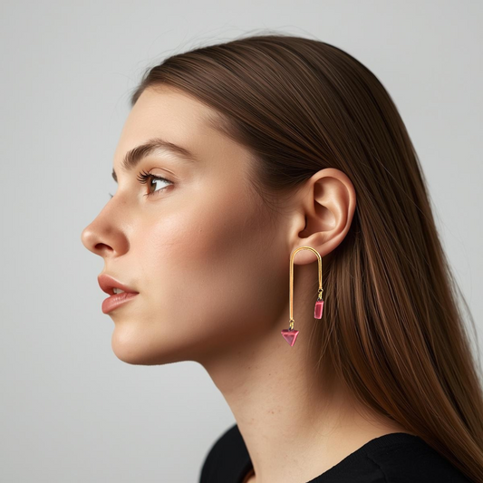 Close-up of an ear wearing a golden hoop earring with a blurred background